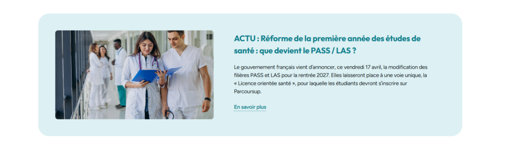 Capture d'écran de l'alerte actualité sur la réforme des études de santé en 2027