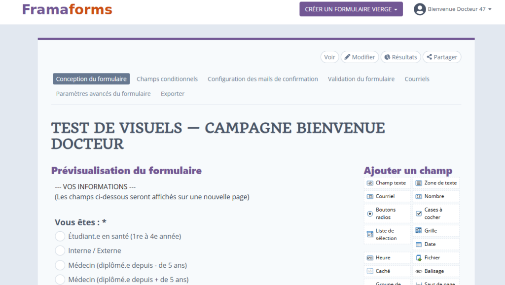 Formulaire test Framaform pour le panel de la campagne de communication