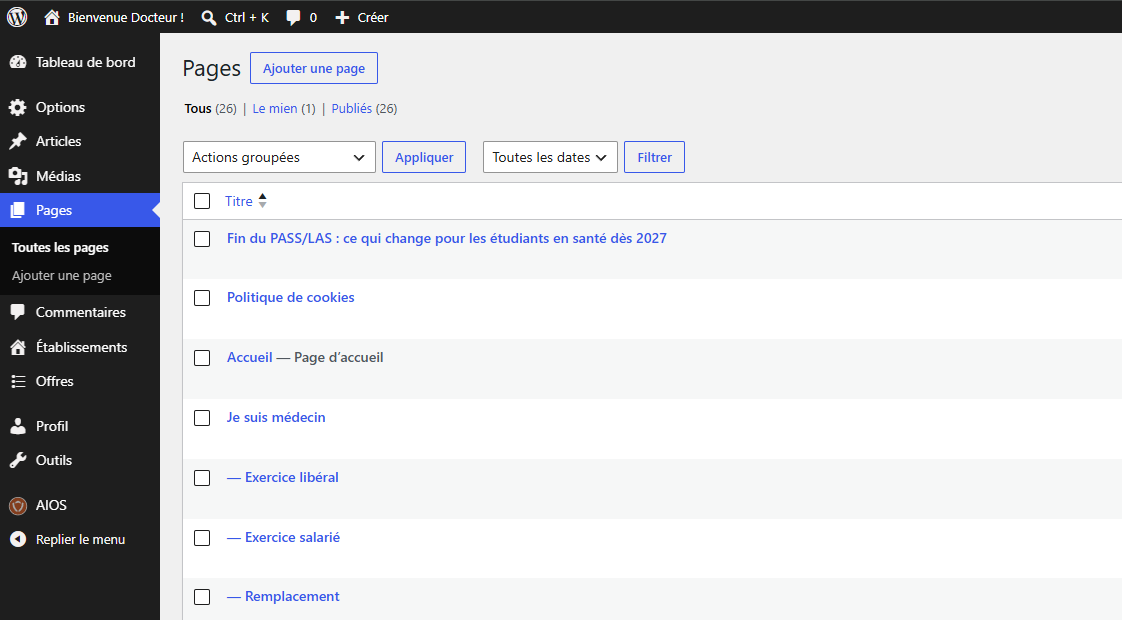 Back-office du WordPress Bienvenue Docteur